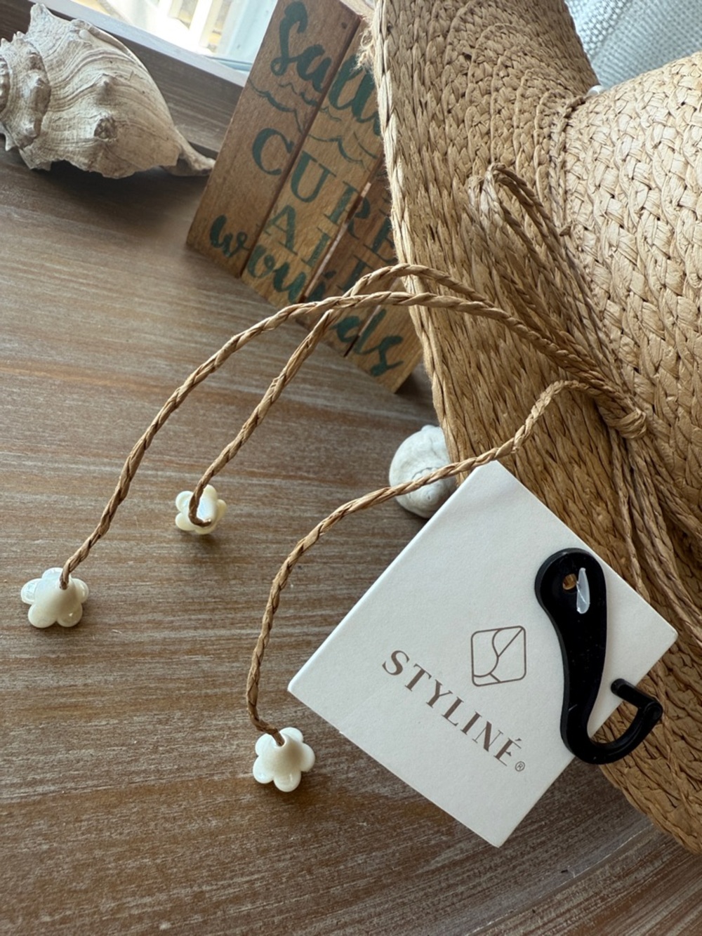 Straw Wide-Brim Beach Hat with Pearl Trim - Picture 5 of 9